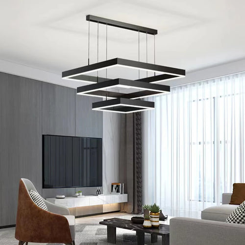 Modern square LED chandelier for living room, dining room, bedroom, kitchen, black rectangular ceiling pendant light - vue 2 sur 18