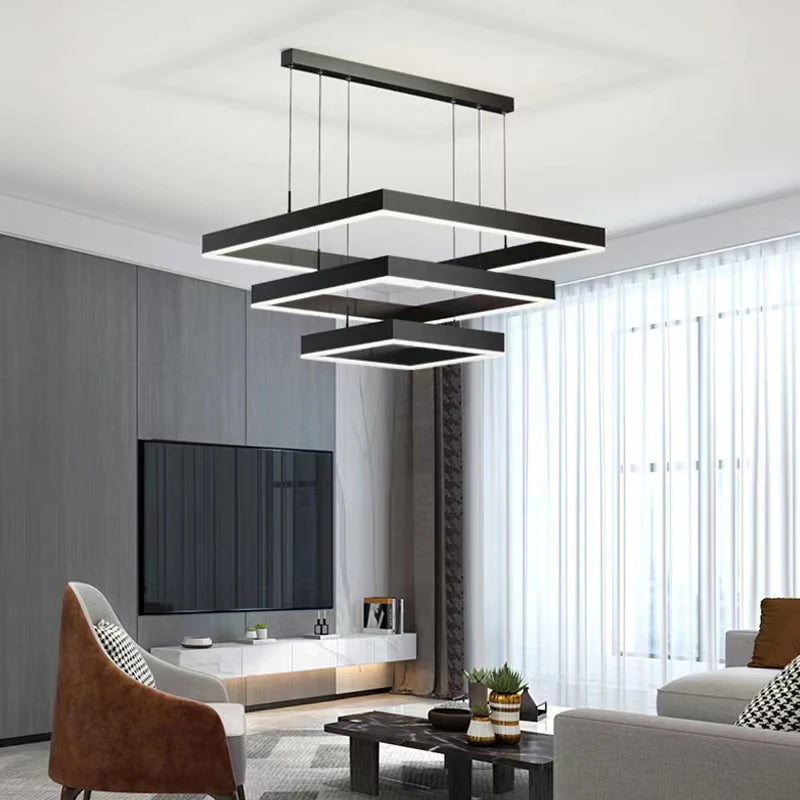Modern square LED chandelier for living room, dining room, bedroom, kitchen, black rectangular ceiling pendant light