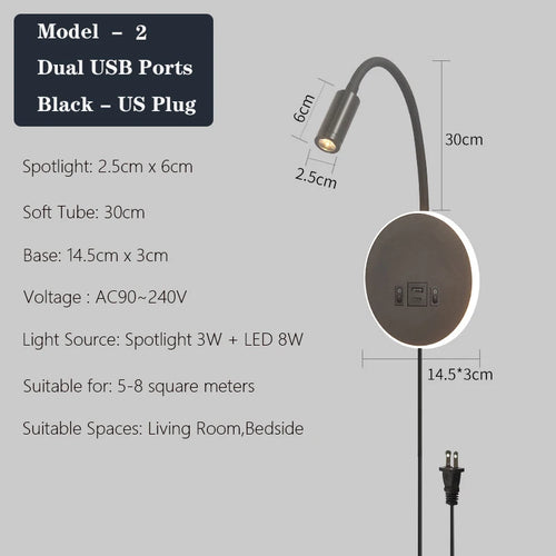 applique murale led moderne avec ports usb et interrupteur - vue 23 sur 22