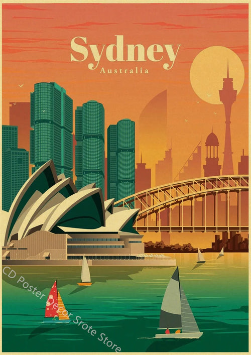 Retro world cities poster for wall decor