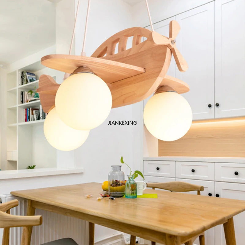 Wooden airplane LED chandelier for modern children's room