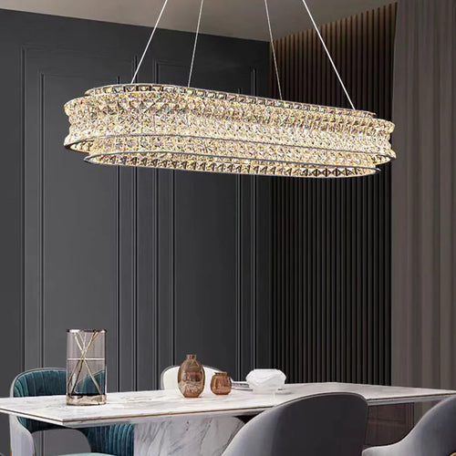 Modern clear crystal chandelier in stainless steel with dimmable light and adjustable cord - vue 5 sur 9