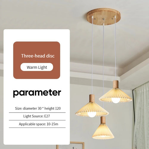 Modern pleated fabric pendant light with wooden base - vue 11 sur 14