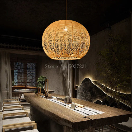 Chinese Japanese zen bamboo rattan pendant light - vue 4 sur 6