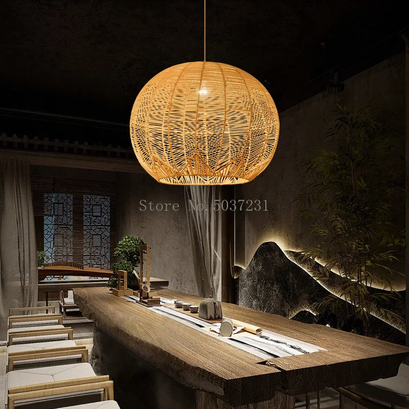 Chinese Japanese zen bamboo rattan pendant light - vue 3 sur 6