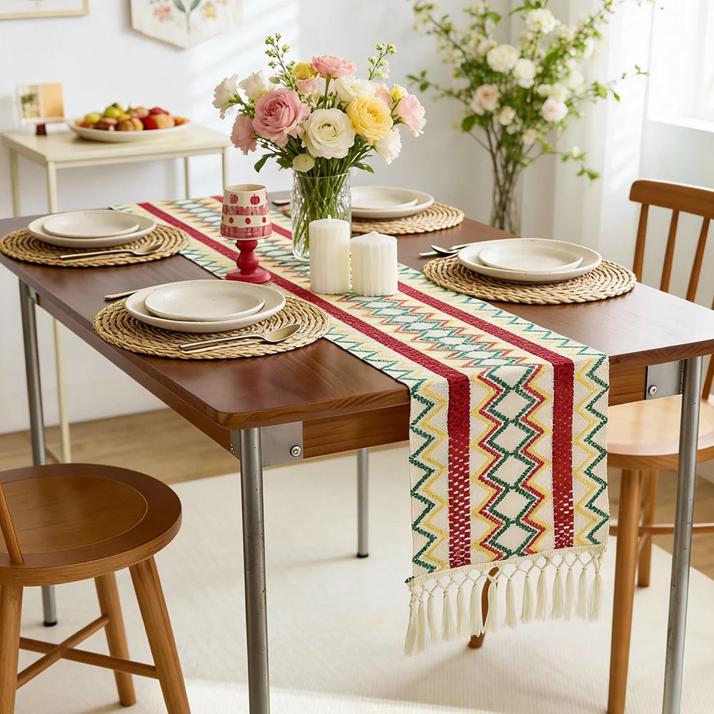 Bohemian table runner with Aztec pattern and tassels