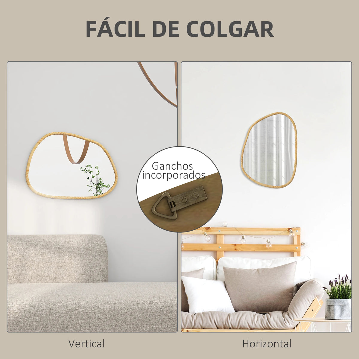 miroir mural homcom forme irrégulière avec cadre en bois naturel - vue 6 sur 7