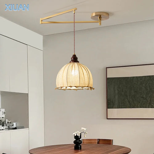 Wabi-sabi vintage chandelier with folding fabric shade - vue 2 sur 11