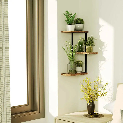 rustic three-tier wooden corner wall shelf - vue 3 sur 7