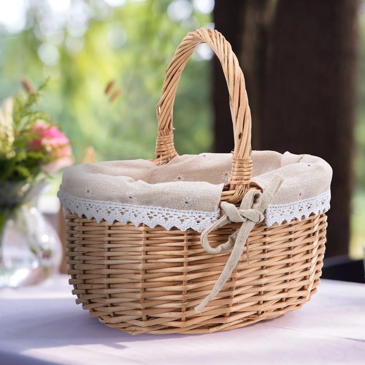 large wicker picnic basket with decorative and practical handle