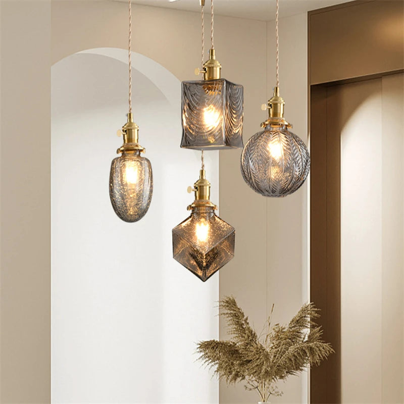 Vintage pendant light with switch and crystal glass shade