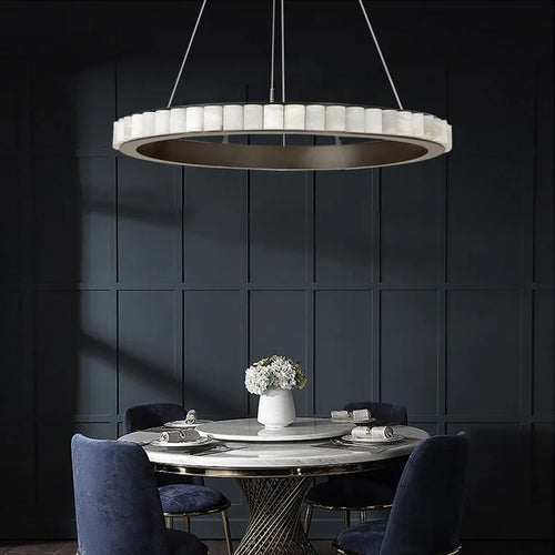 Postmodern LED ring chandelier in black and gold marble, round design for dining room - vue 6 sur 16