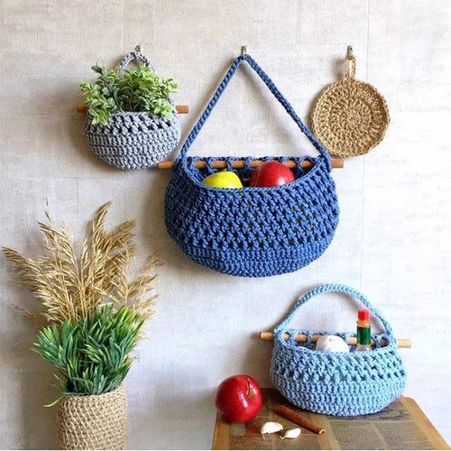 macrame hanging baskets set of three storage tiers - vue 4 sur 9