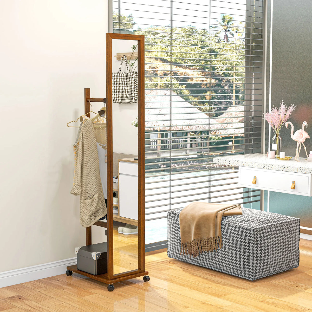 HOMCOM full body mirror with wheels bar shelf 35,5x49,5x167,8 cm Walnut
