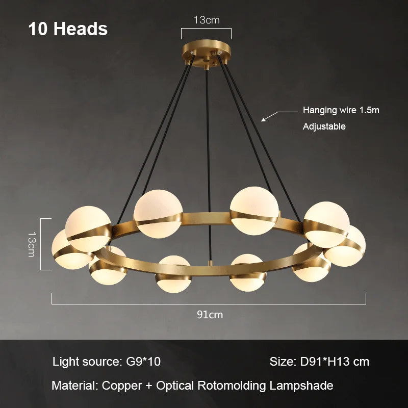 Luxury Nordic copper chandelier with decorative ring