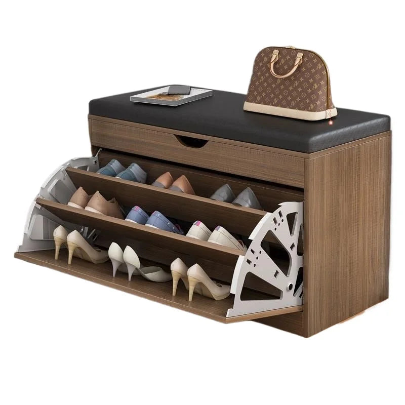 Home Shoe Cabinet with Bench, Anti-Dust Shoe Storage Bench, Multi-Layer Wooden Organizer with Cushion and Stable Structure - vue 5 sur 13