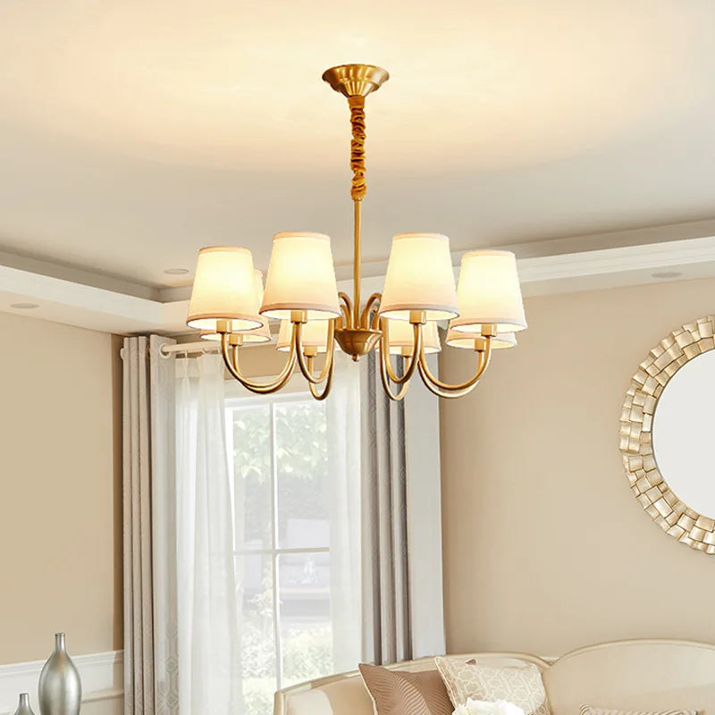 American retro copper LED chandelier with fabric shade
