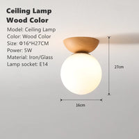 Nordic walnut wood grain LED ceiling light with round glass shade