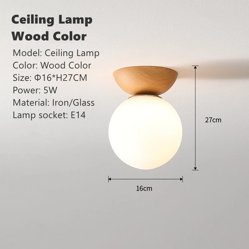 Round glass LED ceiling light with wooden lampshade