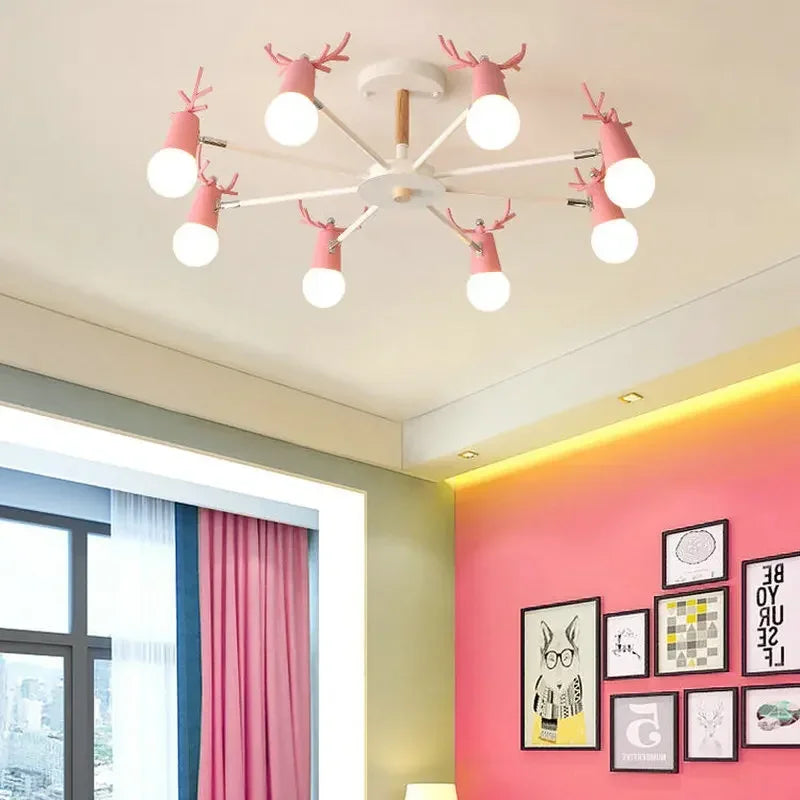 Iron and wood LED chandelier with deer design for interior decor