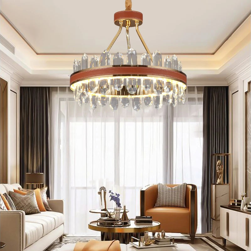 Crystal and leather pendant light for creative modern home lighting