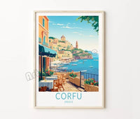 Retro travel poster santorini castle and island wall decor
