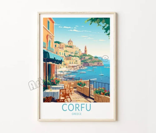Retro travel poster santorini castle and island wall decor