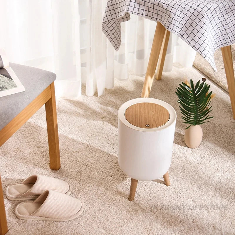 high foot wooden trash can with creative lid for waste