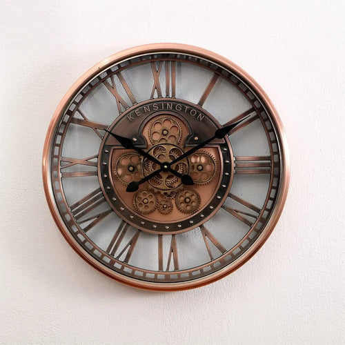 industrial metal wall clock with decorative moving gears - vue 10 sur 14