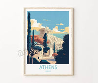 Retro travel poster with castle and Santorini island