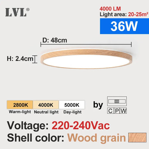 Modern square flat ceiling light in gold wood for interior - vue 15 sur 16