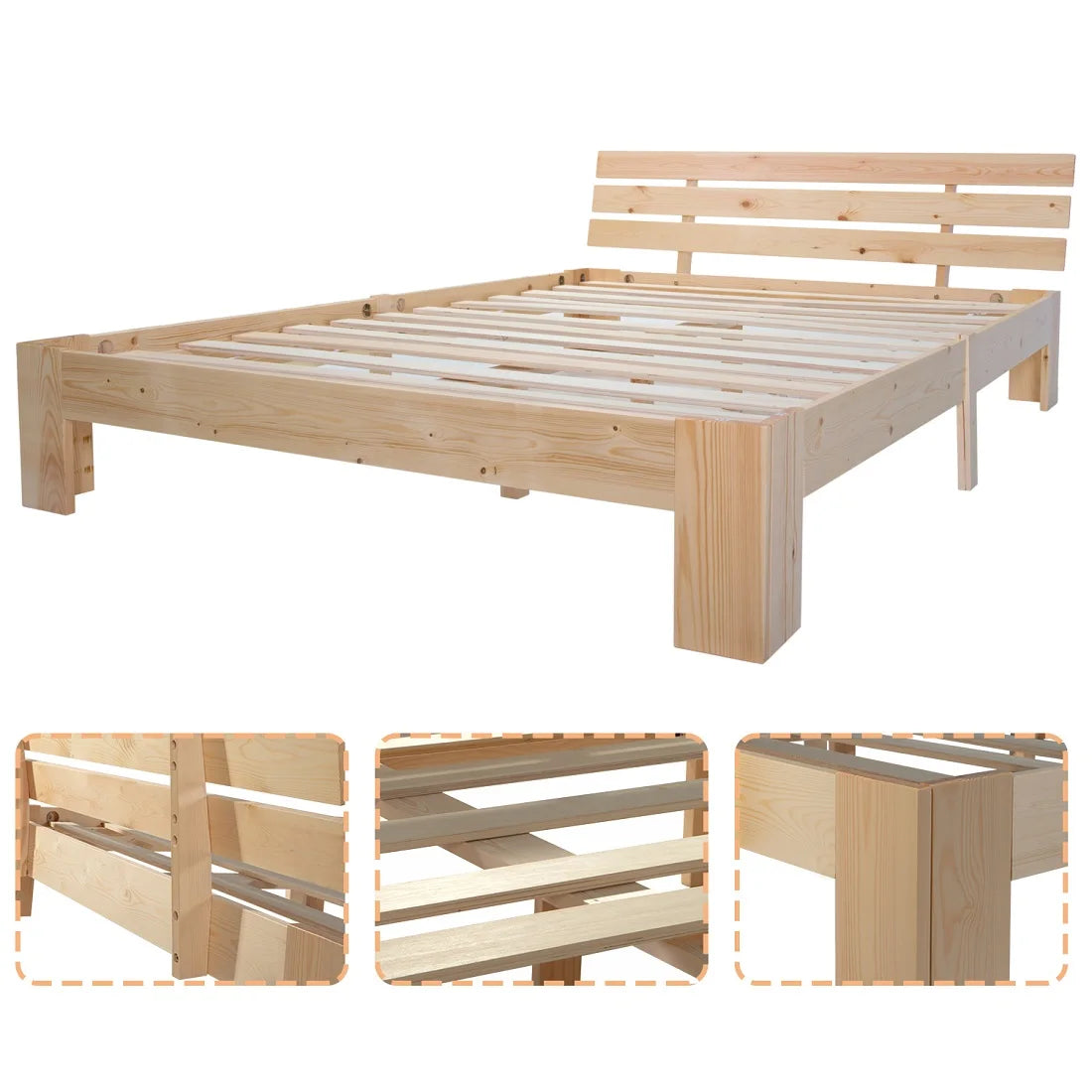 EU STOCK Wooden bed Double bed, headboard, slatted grid -200 x 140cm solid wood FSC Solid wood double bed - vue 4 sur 8