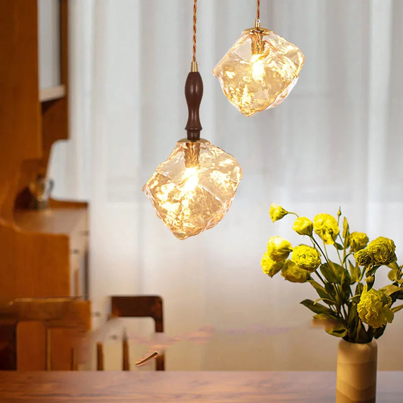 Amber glass ice block style chandeliers for restaurant and bar