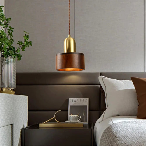 Nordic modern LED pendant light in brass and wood, loft kitchen island hanging lamp, home decor lighting, designer suspension - vue 2 sur 17