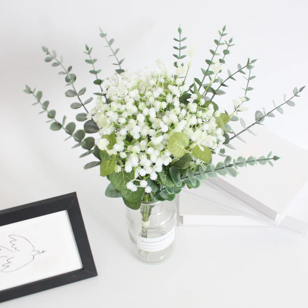 Set of artificial gypsophila and eucalyptus flowers for wedding decoration