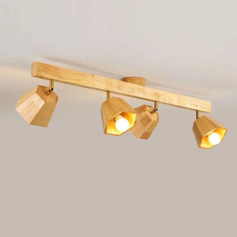 Modern wooden LED ceiling light for hallway, bedroom, cloakroom, toilet, shop, corridor, track fitting, long chandelier with spotlights
