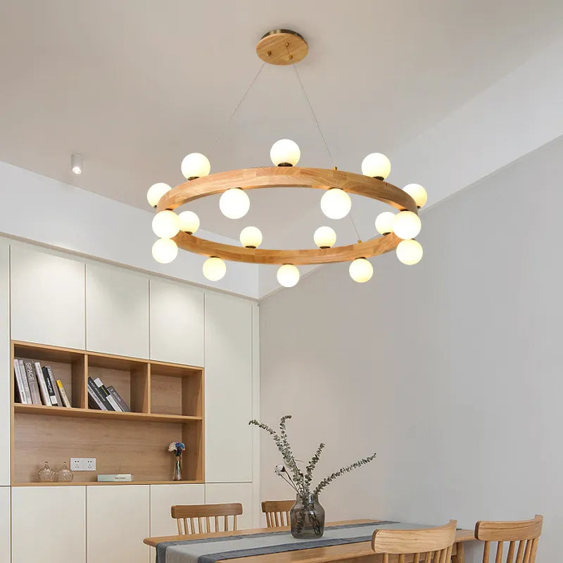 Nordic round wood ring chandelier for living room, dining, kitchen, bedroom, Japanese creative walnut pendant light