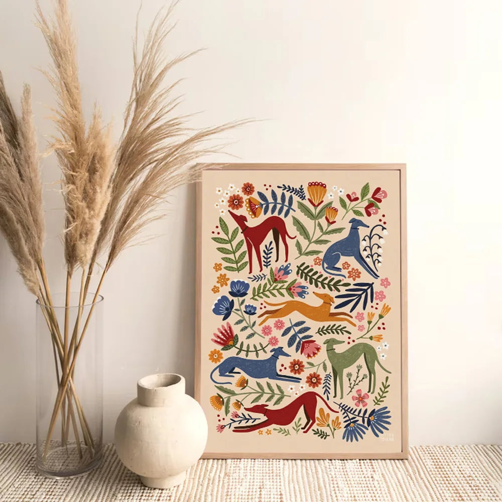 canvas print long dog floral wall decor greyhound gift
