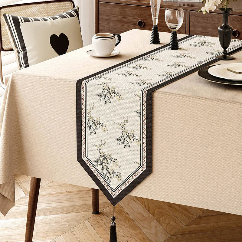 Linen table runner with vintage floral pattern