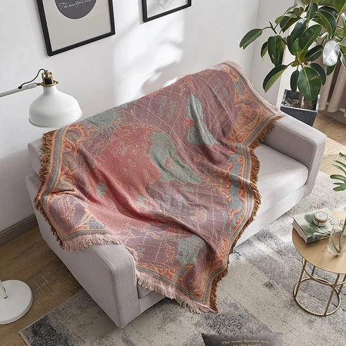 Knitted bohemian throw with world map motif for living room - vue 6 sur 6