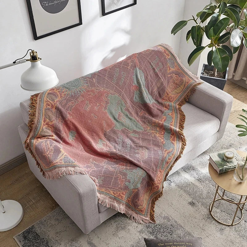 Bohemian knitted world map decorative throw blanket - vue 5 sur 6