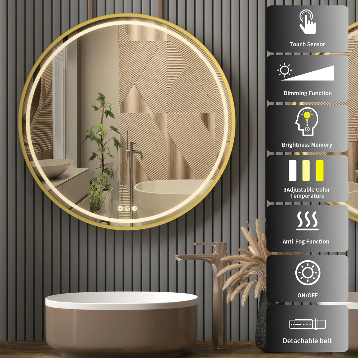 round mirror with LED lighting, anti-fog, variable intensity, aluminum frame, HD glass - vue 4 sur 9