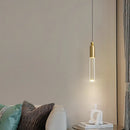 Cylindrical LED chandelier in copper and clear acrylic