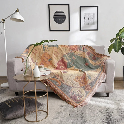 Knitted bohemian throw with world map motif for living room - vue 4 sur 6