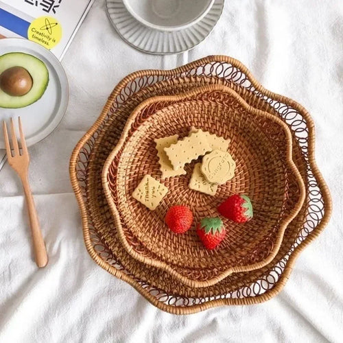 Round Rattan Fruit Basket, Wicker Woven Snack Tray, ,Bread Food Organizer, Kitchen Storage, Home Decoration - vue 7 sur 9