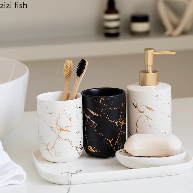 marbled ceramic bathroom and storage set