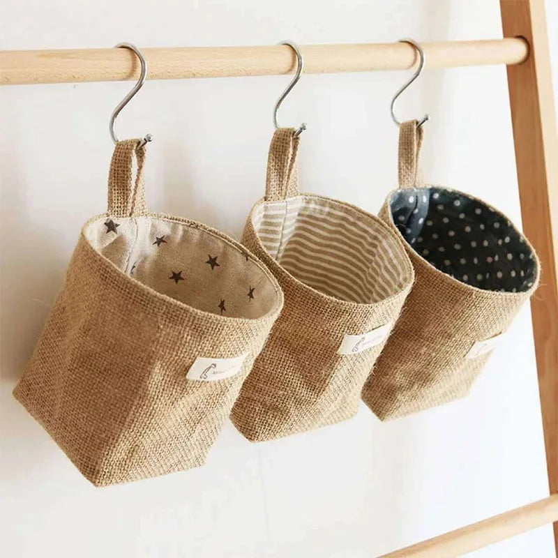 set of 3 hanging burlap baskets for storage and decoration