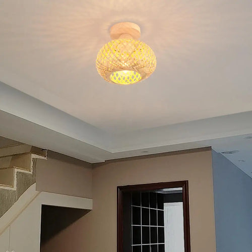 Retro woven bamboo ceiling light for interior decor - vue 4 sur 7