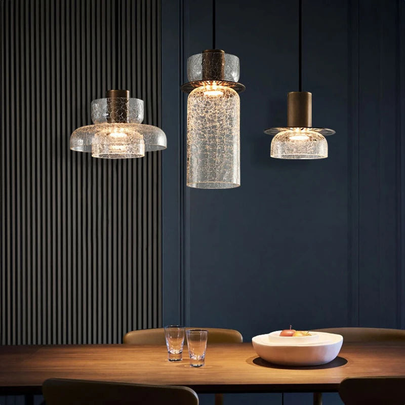 Crackled glass pendant light with LED and adjustable cord