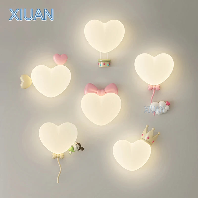 Romantic crown, heart and cloud LED wall light for children